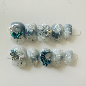 Gray and Silver Press-On Nails with Butterfly Design